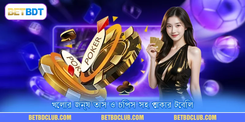খেলার জন্য তাস ও চিপস সহ পোকার টেবিল